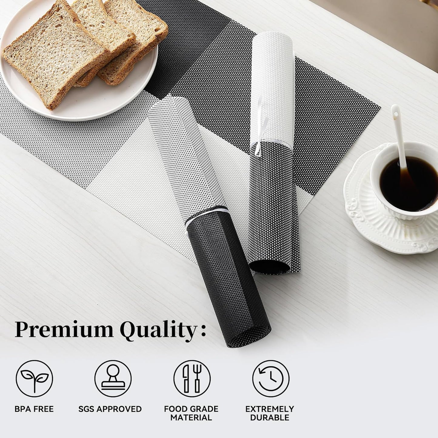 Leetaltree Gray with White Grid Pattern Placemats Set of 8 - Heat Resistant Non-Slip Place mats for Dining Table, Washable Durable PVC Vinyl Woven Table Mats（Grey Grid, 8）