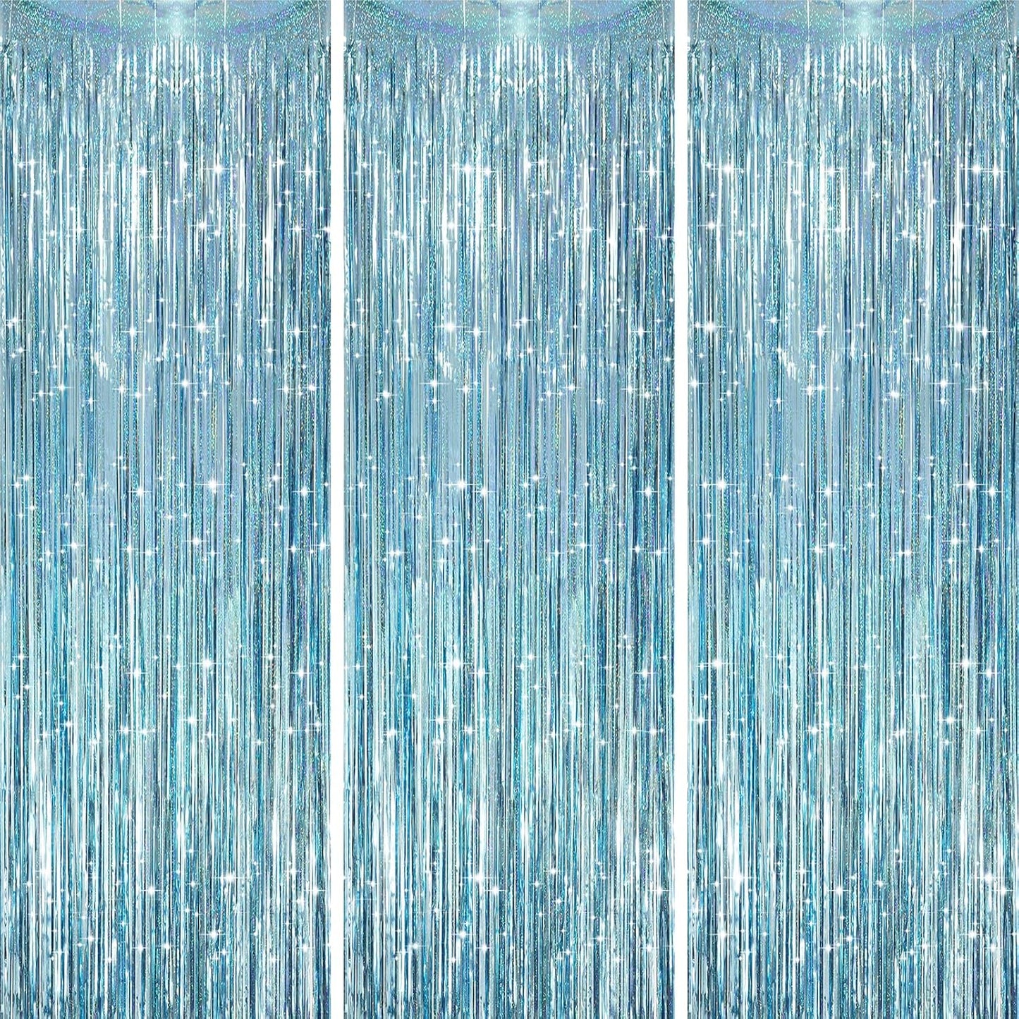 3 Pack 3.3 x 8.2 ft Laser Blue Foil Fringe Backdrop Curtains, Tinsel Streamers Party Decorations, Fringe Backdrop