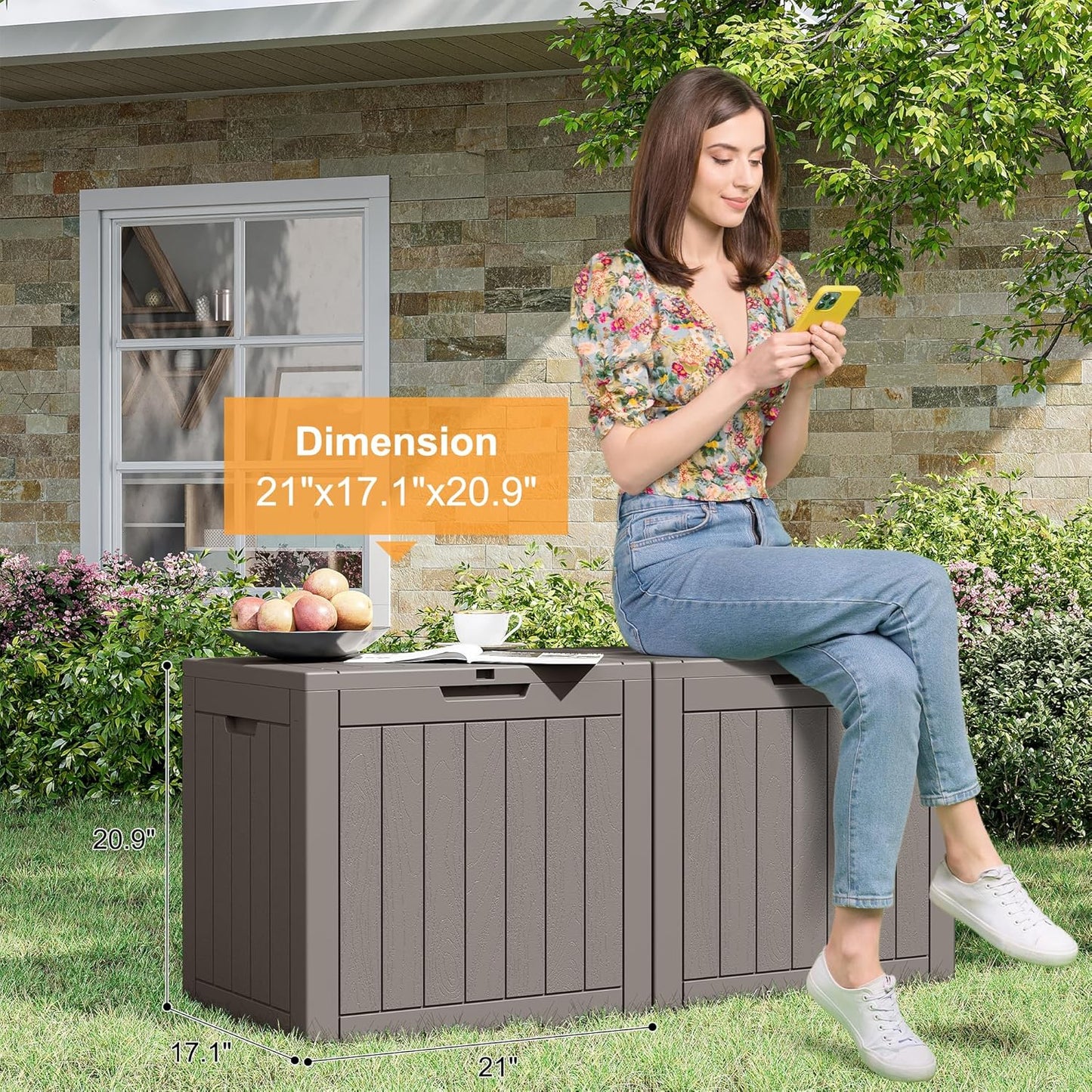32 Gallon Deck Box Lockable Resin Indoor Outdoor Storage Box waterproof Outdoor Container for Patio Furniture, Pool Accessories, Cushions, Garden Tools, Sports Equipment