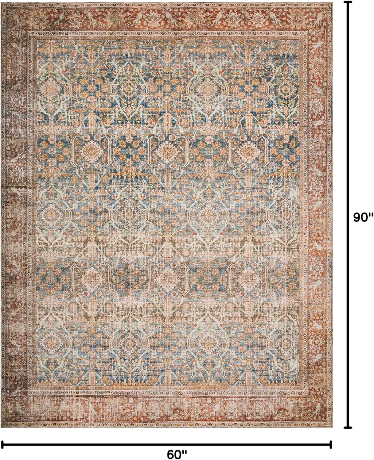 Loloi Layla Collection LAY-04 Ocean/Rust 5'-0" x 7'-6" .13" Thick Area Rug, Soft, Durable, Vintage Inspired, Distressed, Low Pile, Non-Shedding, Easy Clean, Printed, Living Room Rug
