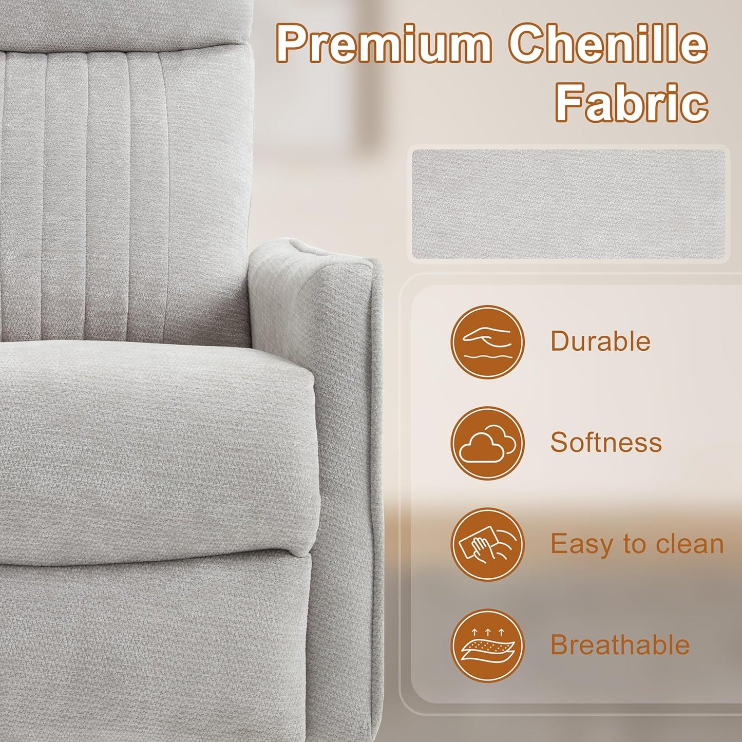 Manual Swivel Rocker Recliner Chair for Adults, Overstuffed Reclining Glider Chair for Nursing with Vibration Massage & Heat, Living Room Rocking Recliner 2-Stage backrest, Chenille Fabric Light Gray