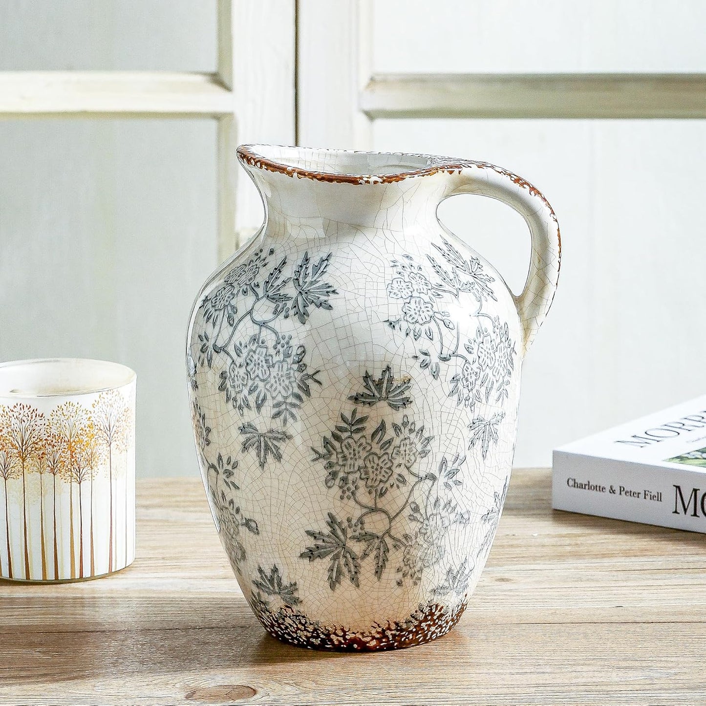 Enra Vintage vase with Handle,Blue and White Ceramic Decorative Flower vase, Chinoiserie Floral Vase,Large Rustic Vases for Home Decors, Living Room, Bookshelf, Office，9.7 inch