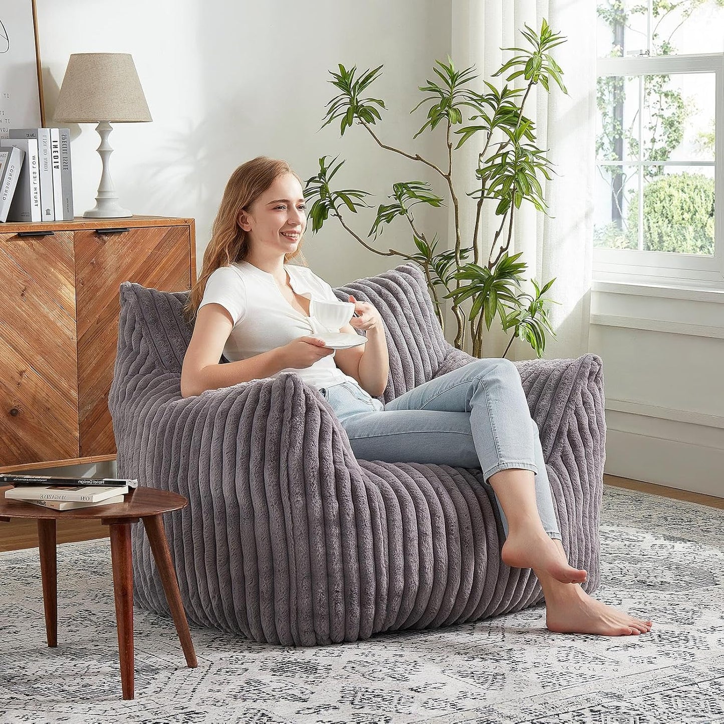 Giant Bean Bag Chairs for Adults with Filling Plush Fluffy Bean Bag Chairs for Teens with Armrests Comfy BeanBag Lazy Couch Sofa Chair for Bedroom Living Room Reading