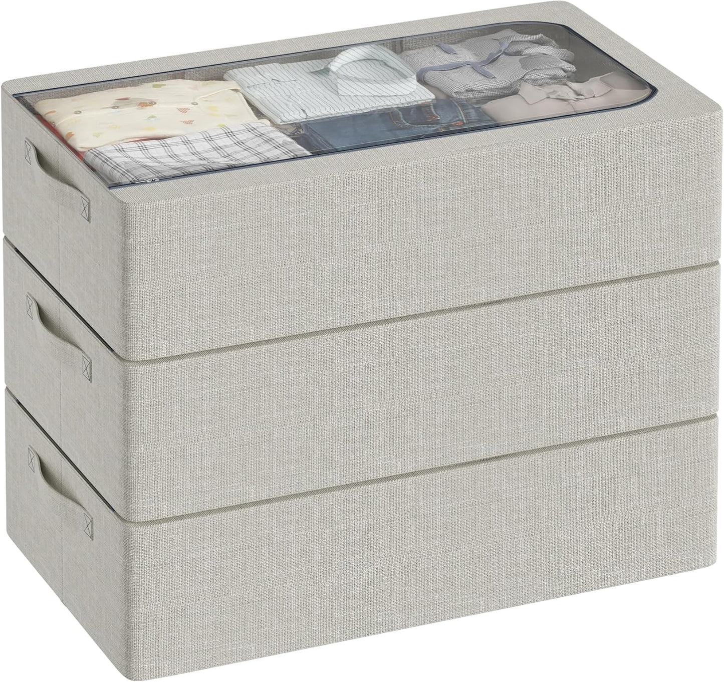 3PCS Under Bed Storage Bins with Metal Frame, Linen Fabric Frame Storage Box Clothes Organizer Bins, Underbed Container with Clear Window (Light Grey, 23.6 x 13 x 6IN)