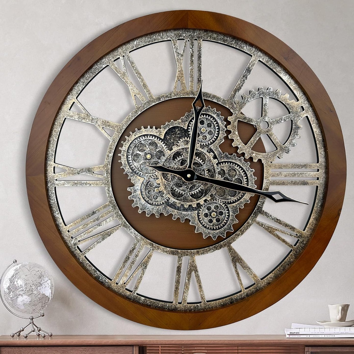 HOIBAI Large Wall Clock, Wall Clocks for Living Room Decor 36 Inch Farmhouse Vintage Rustic Kitchen Wall Decor Vintage Roman Oversized Wall Clock for Home Bedroom House Office, Moving Gears Clock