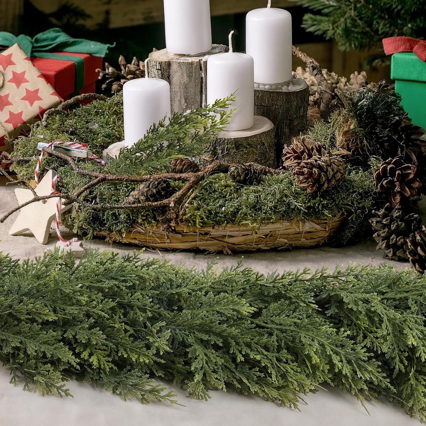 9ft Christmas Cedar Garland with Soft Thickness Pine, Artificial Green Faux Cedar Pine Garland for Mantle Fireplace Indoor Outdoor Holiday Party Home Decoration（2 Pcs）