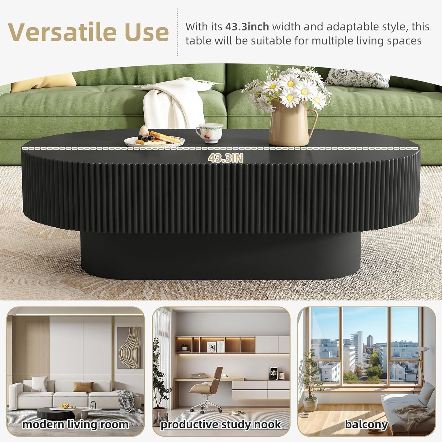 43.3" Oval Fluted Coffee Table Modern Elegant Drum End Table, Minimalist Center Table 7.8" Thick Tabletop with Sturdy Base for Living Room, Bedroom, Apartment,Easy Assembly, Black