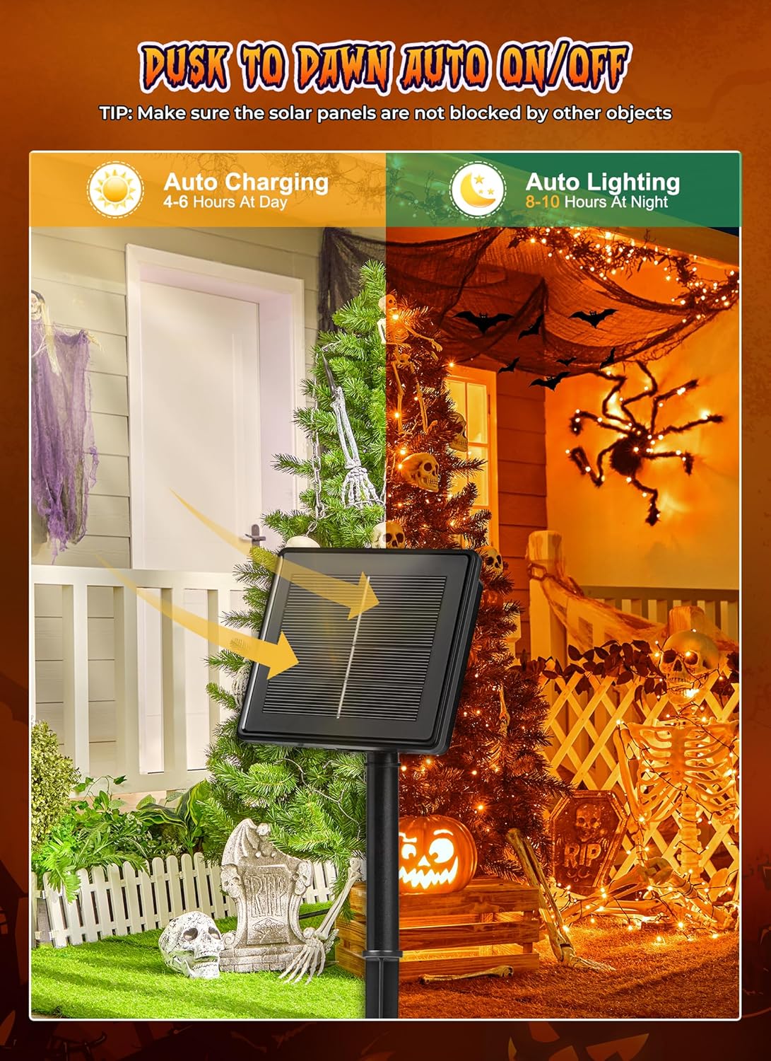 Brightown 2 Pack Halloween Solar String Lights Outdoor, Total 144Ft 400 LED Twinkle Fairy Lights Waterproof with 8 Modes Auto On/Off for Patio Tree Garden Party Home Decorations (Orange)