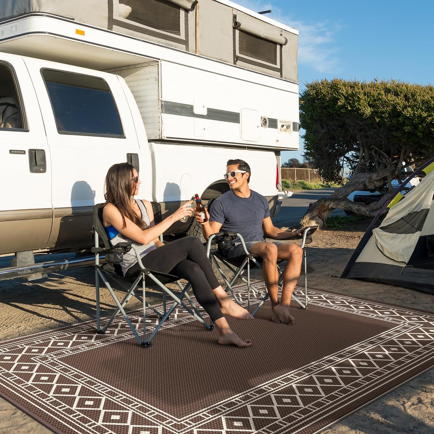 GENIMO Outdoor Rug Waterproof for Patio Decor, 6'x9' Foldable Reversible Plastic Straw Carpet for Travel Trailers, Outside Area Mat for Rv, Deck, Picnic, Porch, Camper, Balcony, Beach, Coffee & Beige