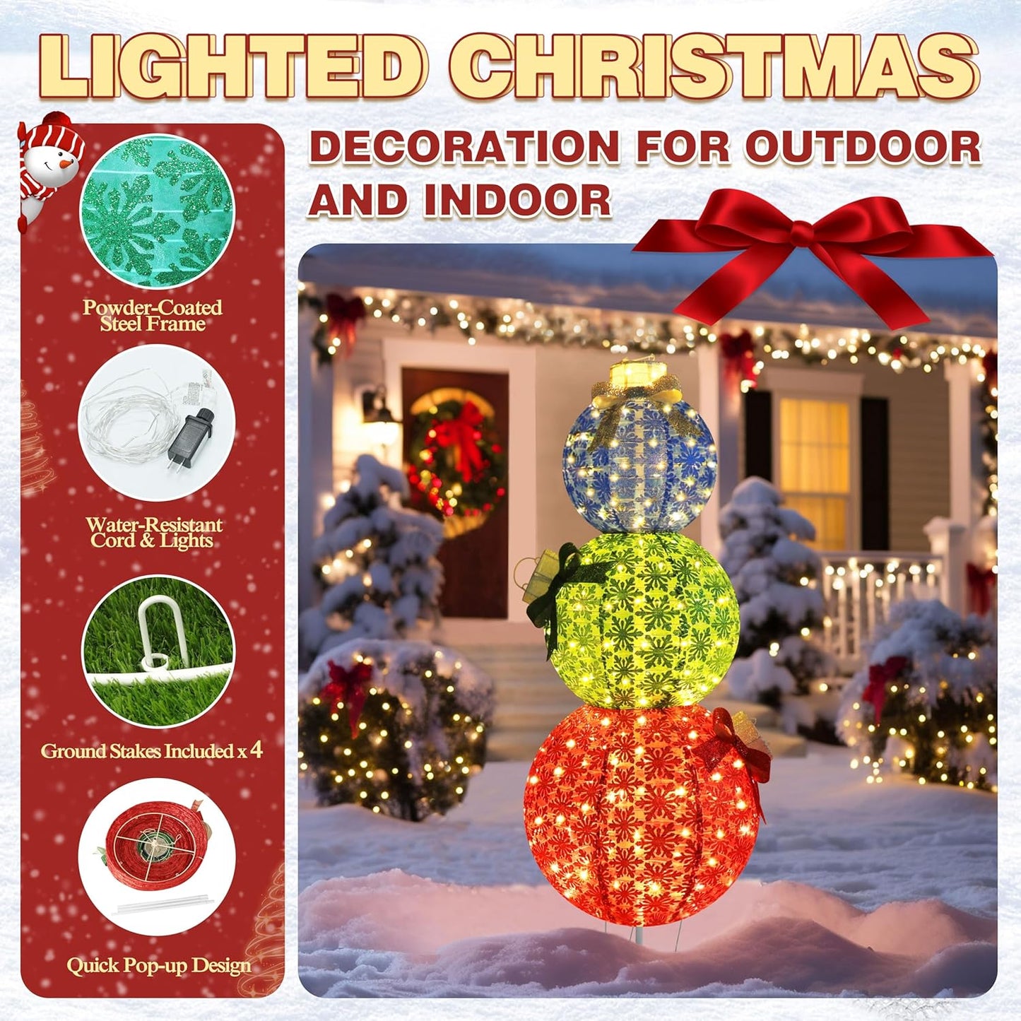 5FT Lighted Pop Up Stackable Ornaments for Christmas Decoration, 3D Pre-Lit Decor with 210 LED Lights with Easy Pop-Up Design, Freestanding Glittered Holiday Display for Outdoor, Indoor