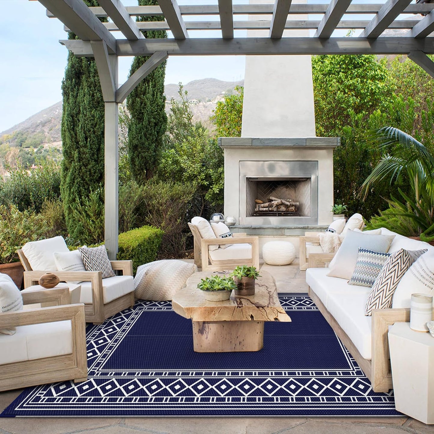 GENIMO Outdoor Rug Waterproof for Patio Decor, 9'x12' Foldable Reversible Plastic Straw Carpet for Travel Trailers, Outside Area Mat for Rv, Deck, Picnic, Porch, Camper, Balcony, Beach, Blue & White