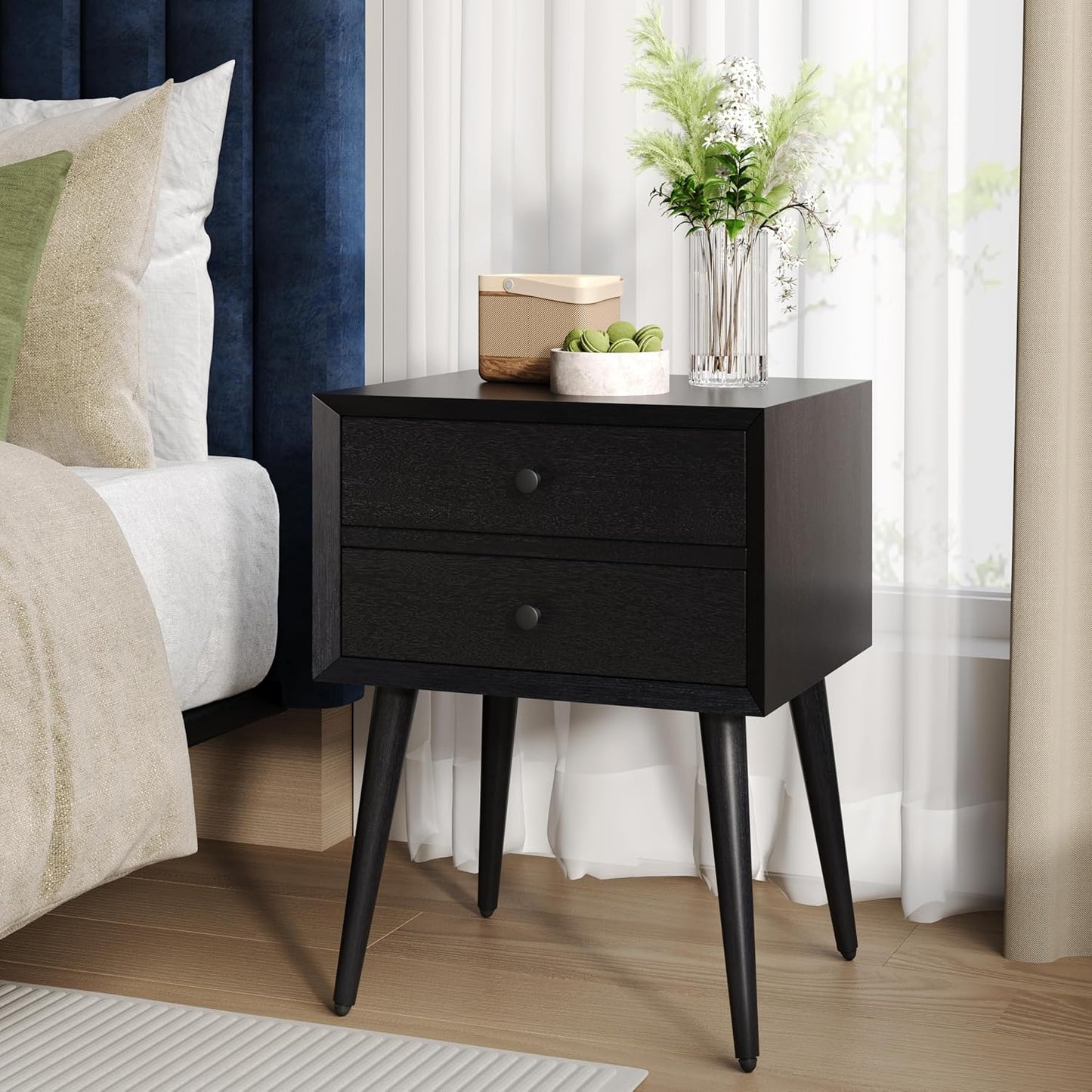 Christopher Knight Home Accent Bedside End Table, Acacia Wood Nightstand Side Table, Storage with 2 Drawers, Mid-Century Nightstand with Solid Wood Leg for Bedroom Dorm and Small Space, Black