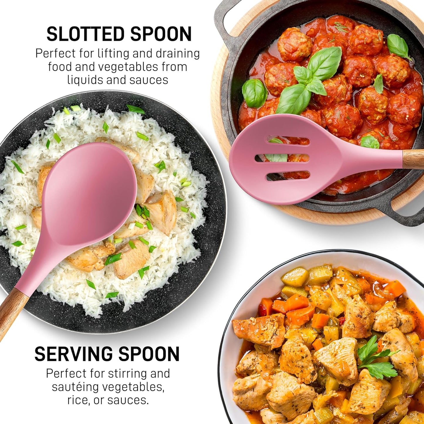 Zulay Kitchen Non-Stick Cooking Utensils Set with Authentic Acacia Wood Handles – 5-Piece Durable & Stylish Silicone Kitchen Utensils Set – Heat Resistant to 464°F – Pink