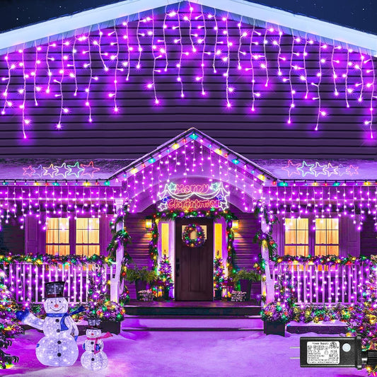 66ft Purple Halloween Lights Outdoor Indoor, 640 LED Icicle Lights for Outside Twinkle Christmas Lights with 120 Drops Clear Wire Timer 8 Modes for House Party Tree Yard Patio Eaves Holiday Decoration