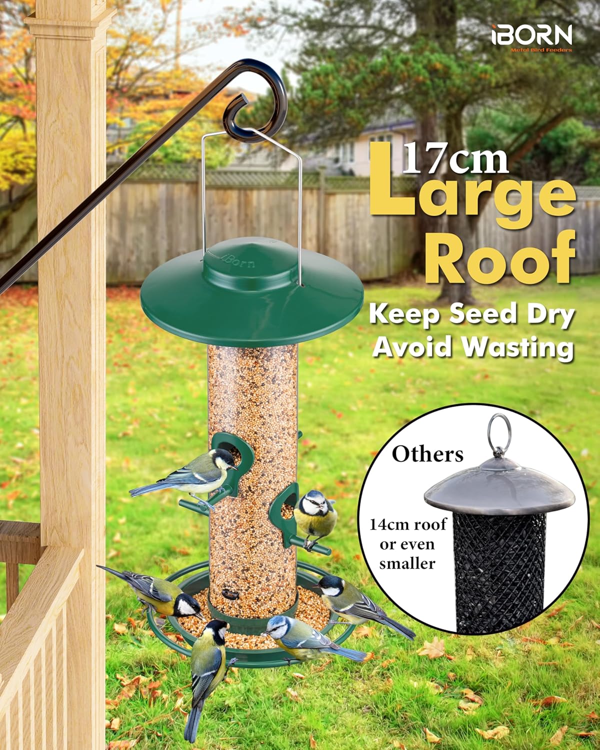 iBorn Bird Feeders for Outdoors, 2LB Metal Bird Feeders 17cm Large Roof &Tray, 4 Feeding Ports, Green Finish