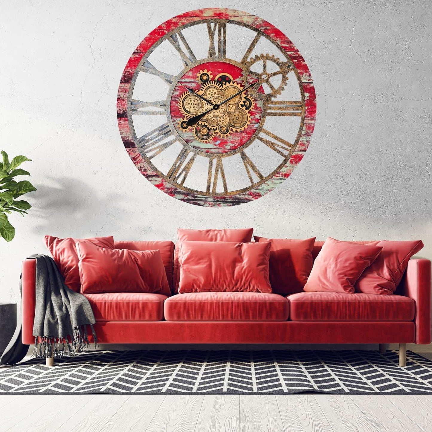The Gears Clock 36'' Inch Real Moving Gear Wall Clock Vintage Industrial Oversized Rustic Farmhouse (Red Lava)