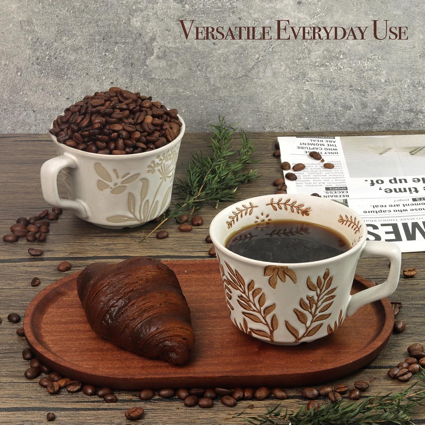 Ceramic Coffee Mug, 12 oz Novelty Unique Teacup with Large Handle, Stoneware Cup for Tea Mocha Latte Cappuccino Espresso (Set of 2, Butterfly and Ivy)