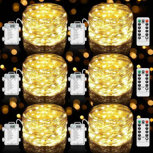 6 Pack 100 LED Fairy Lights Battery Operated with Timer & Remote, 33FT Waterproof Twinkle Lights Indoor Outdoor, Fairy String lights for Bedroom Classroom DIY Wedding Christmas Decorations, Warm White