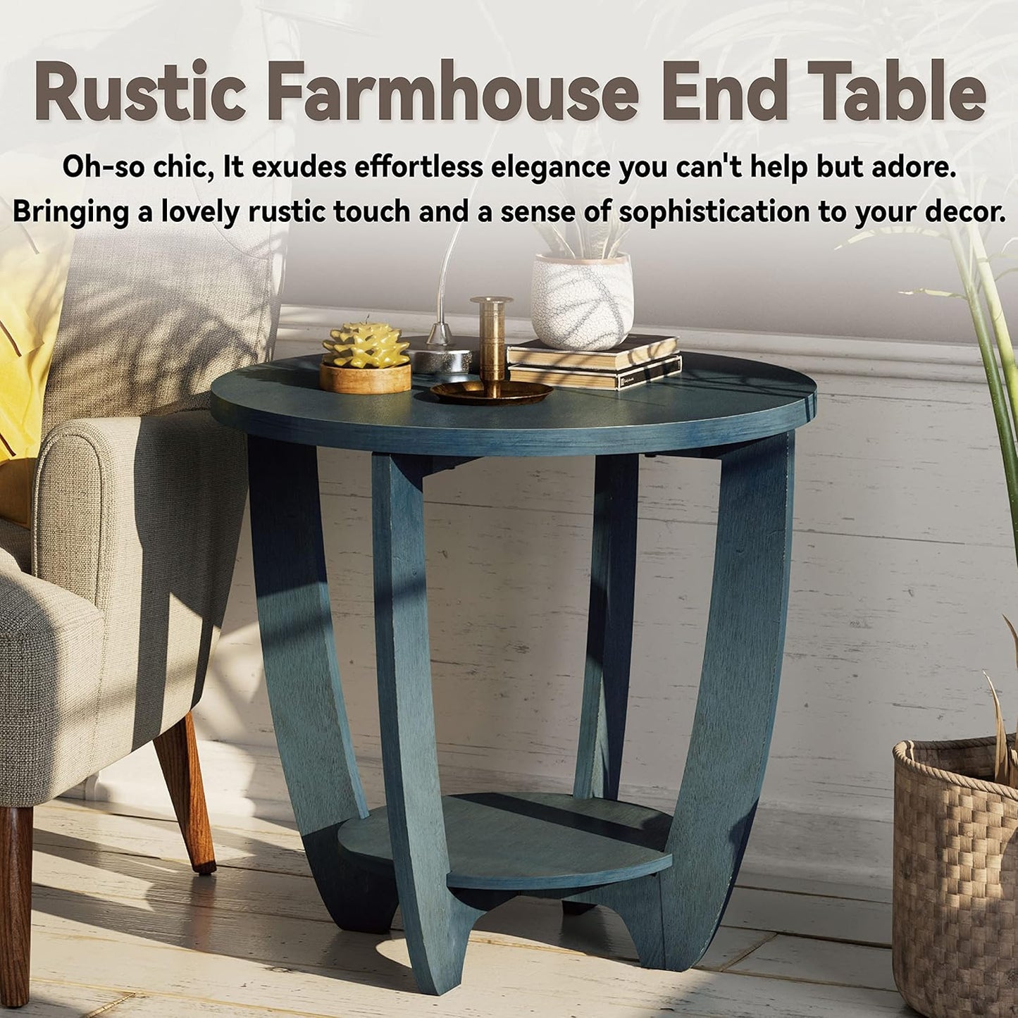 Rustic Farmhouse End Table with Storage Shelf, French Country Accent Side for Family, Dinning or Living Room, Small Spaces, Modern, Round, Vintage Blue Finish, Curved Leg