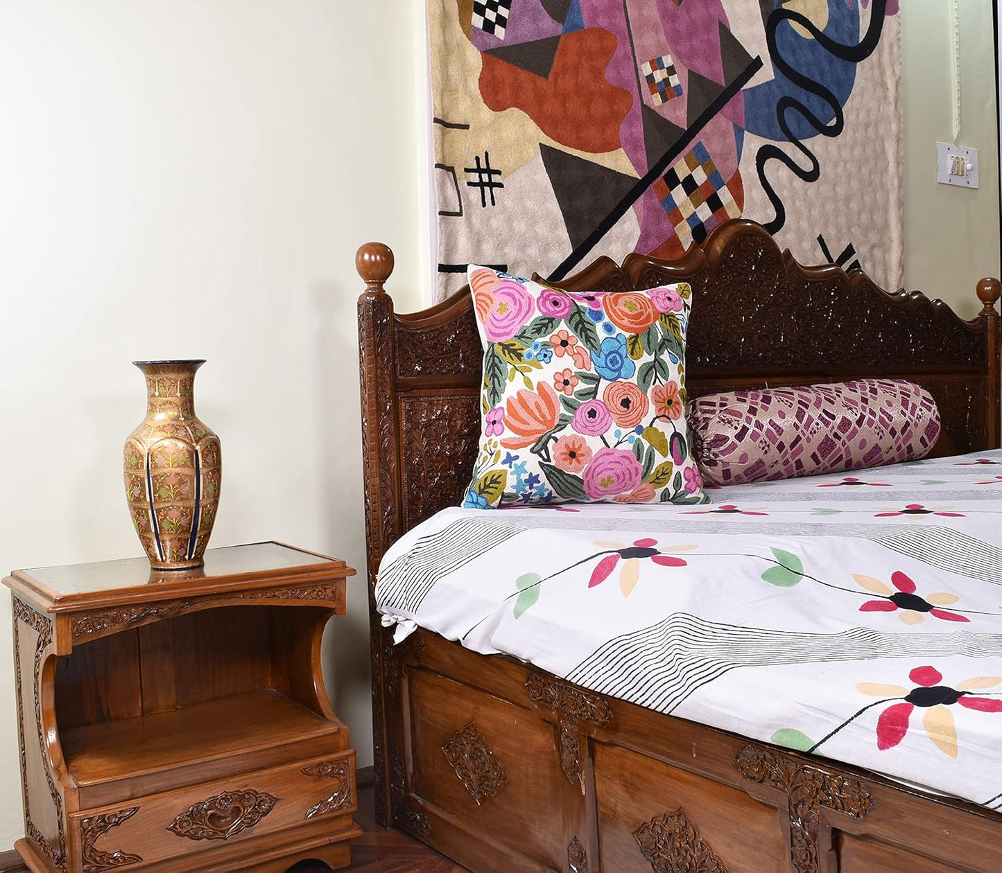 Roses Floral Pillow Cover Flower Farmhouse Chair Cushion Suzani Flowers Pillowcase Boho Florals Accent Throw Pillowsham Wool Hand Embroidered Size 18x18