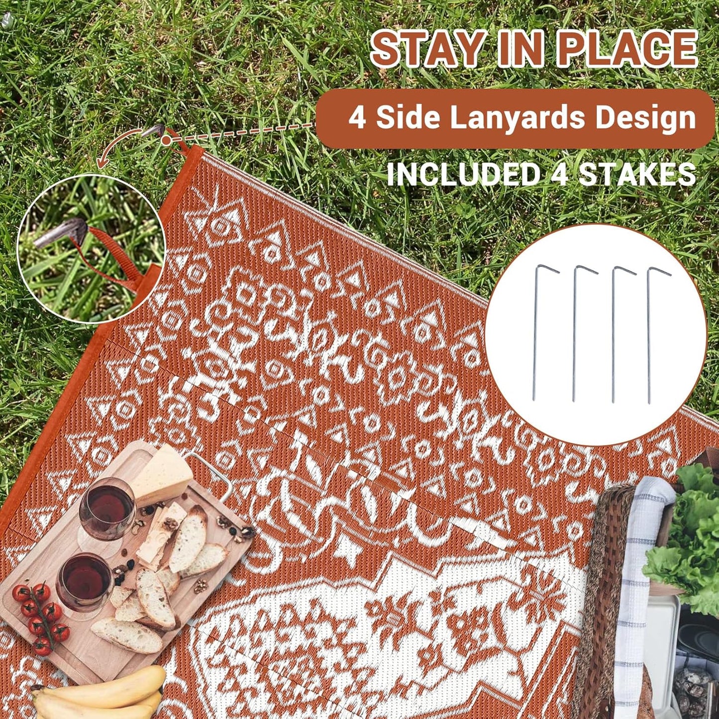 GAOMON Outdoor Rugs for Patio 8x10 Waterproof Reversible Plastic Straw Rug, Large UV-Resistant Portable RV Camping Mats, Indoor Outdoor Medallion Carpet for Outside Deck Porch Garden, Red & White