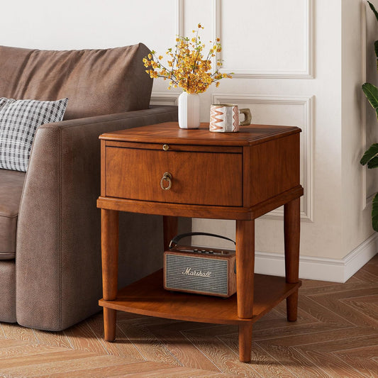 2 Tier Solid Wood Square End Table with Drawer, Wooden Sofa Side Table with Sliding Shelf & Lower Shelf, Nightstand Bedside Table for Living Room Bedroom, 19.7x17.7x22.8in