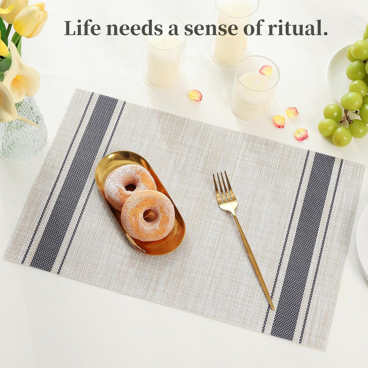 Leetaltree Khaki-Blue Placemats, Heat Resistant Non-Slip Place mats for Dining Table, Washable Durable PVC Vinyl Woven Table Mats (Set of 12)