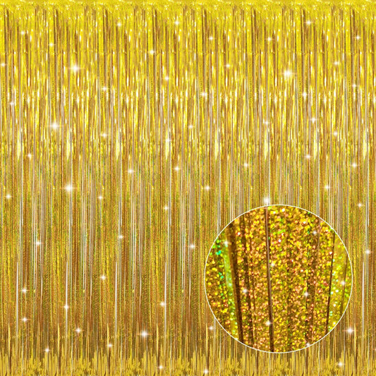 GOER 3.2 ft x 8.2 ft Metallic Tinsel Foil Fringe Curtains Party Photo Backdrop Party Streamers for Birthday,Graduation,New Year Eve Decorations Wedding Decor (1, Shiny Gold)