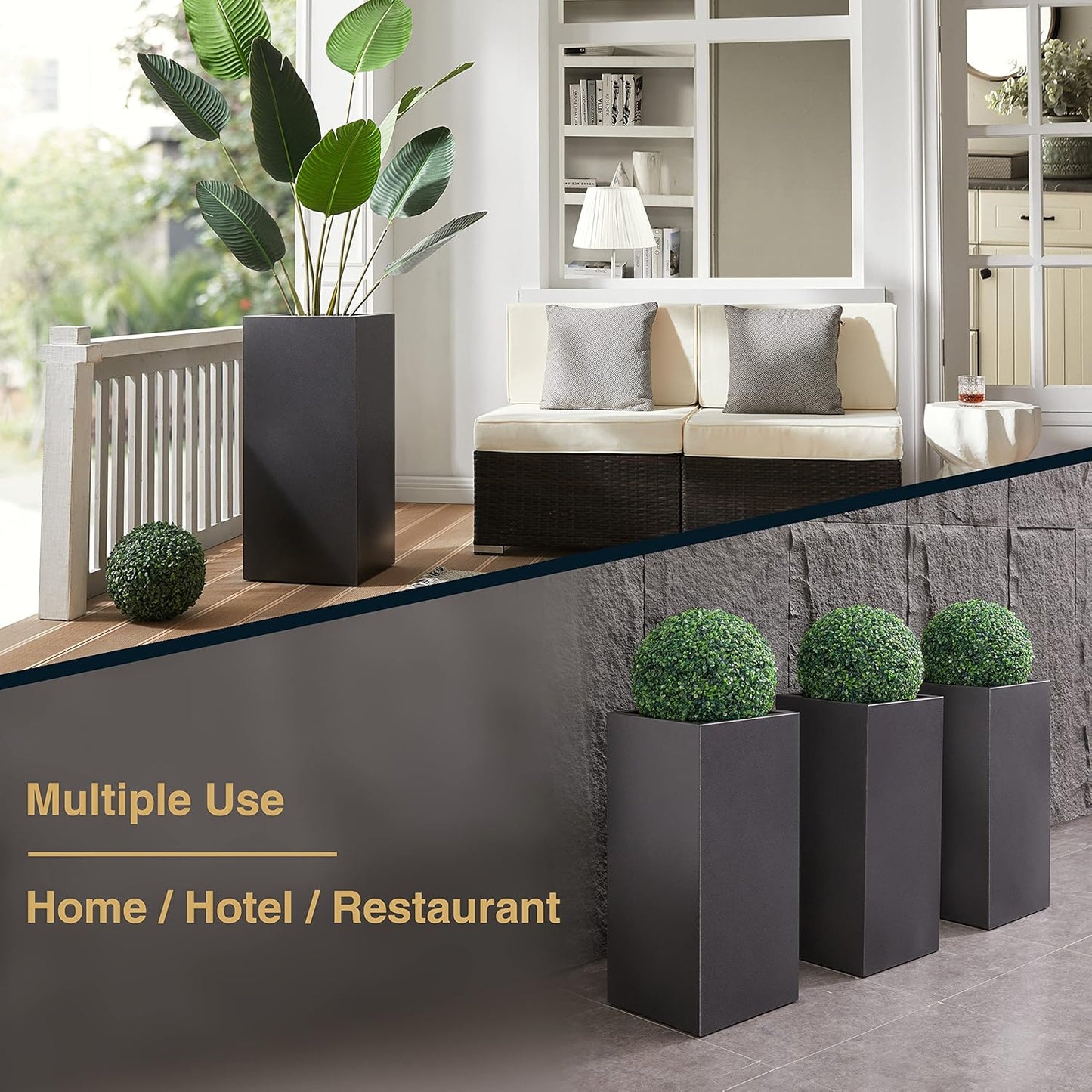 Metallic Heavy Tall Outdoor/Indoor Planter Box, Rectangular, 14Lx14Wx30H Inches, ‎25LBS/PC, Dark Gray, No Assembly Required and Seamless, Set of 2