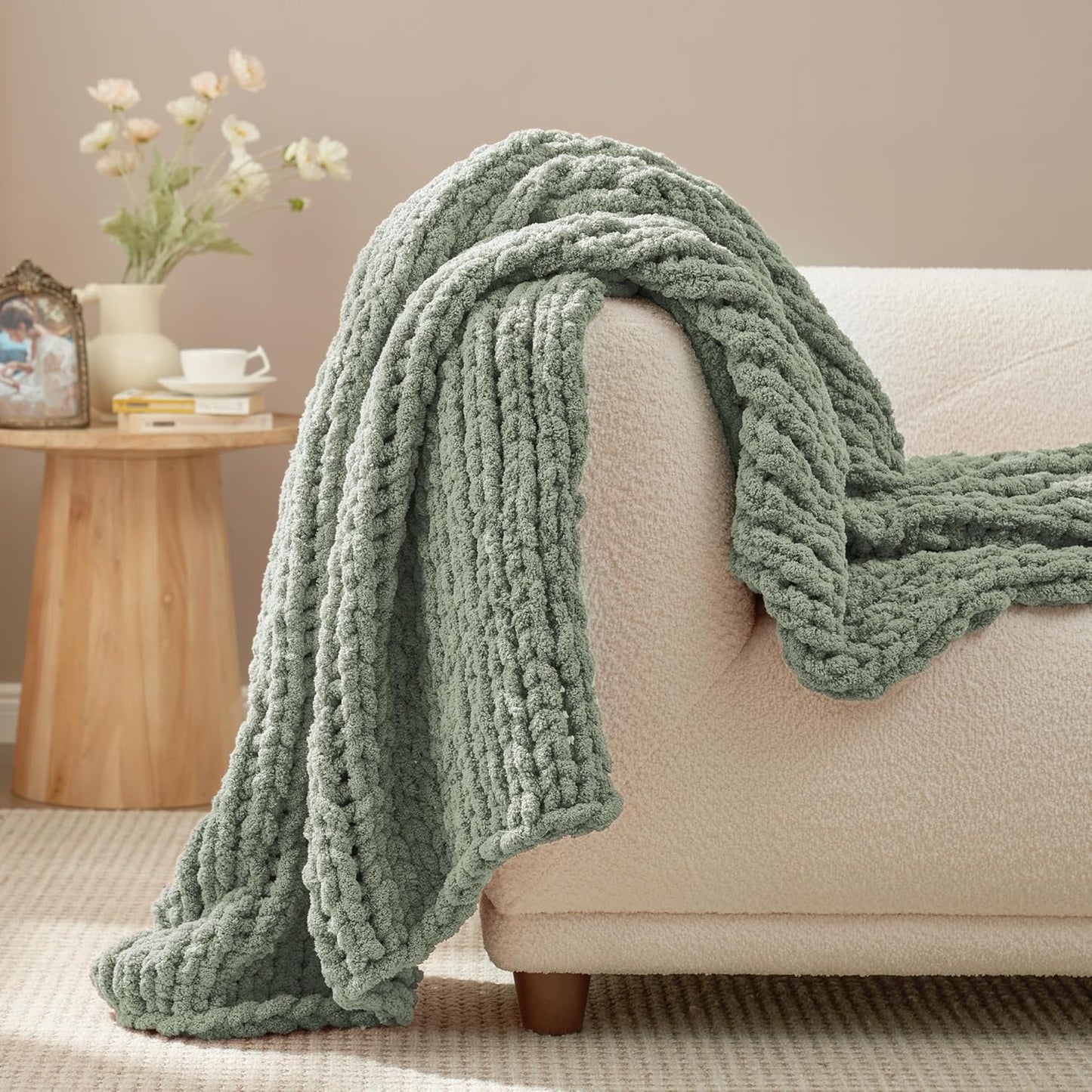Amélie Home Chunky Knit Throw Blanket for Couch, Soft Chenille Crochet Blanket for Kids, 30"x40", Sage Green