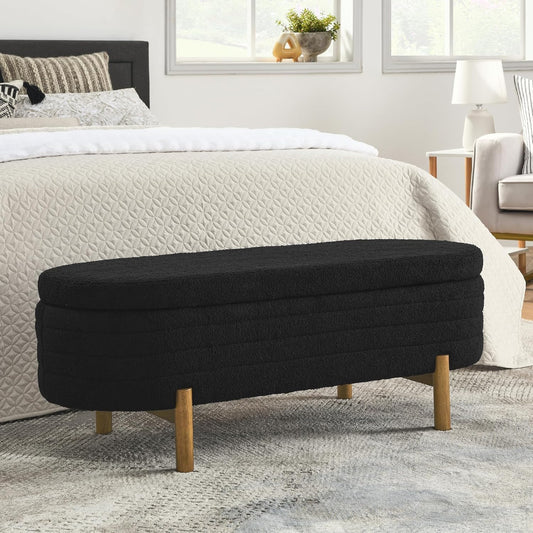 Furniliving 46” Storage Benches, End of Bed Bench with Button-Tufted Large Upholstered Storage Ottoman Teddy Window Bench with Storage Shoe Cabinet Bench, for Bedroom, Entryway, Closet, Black