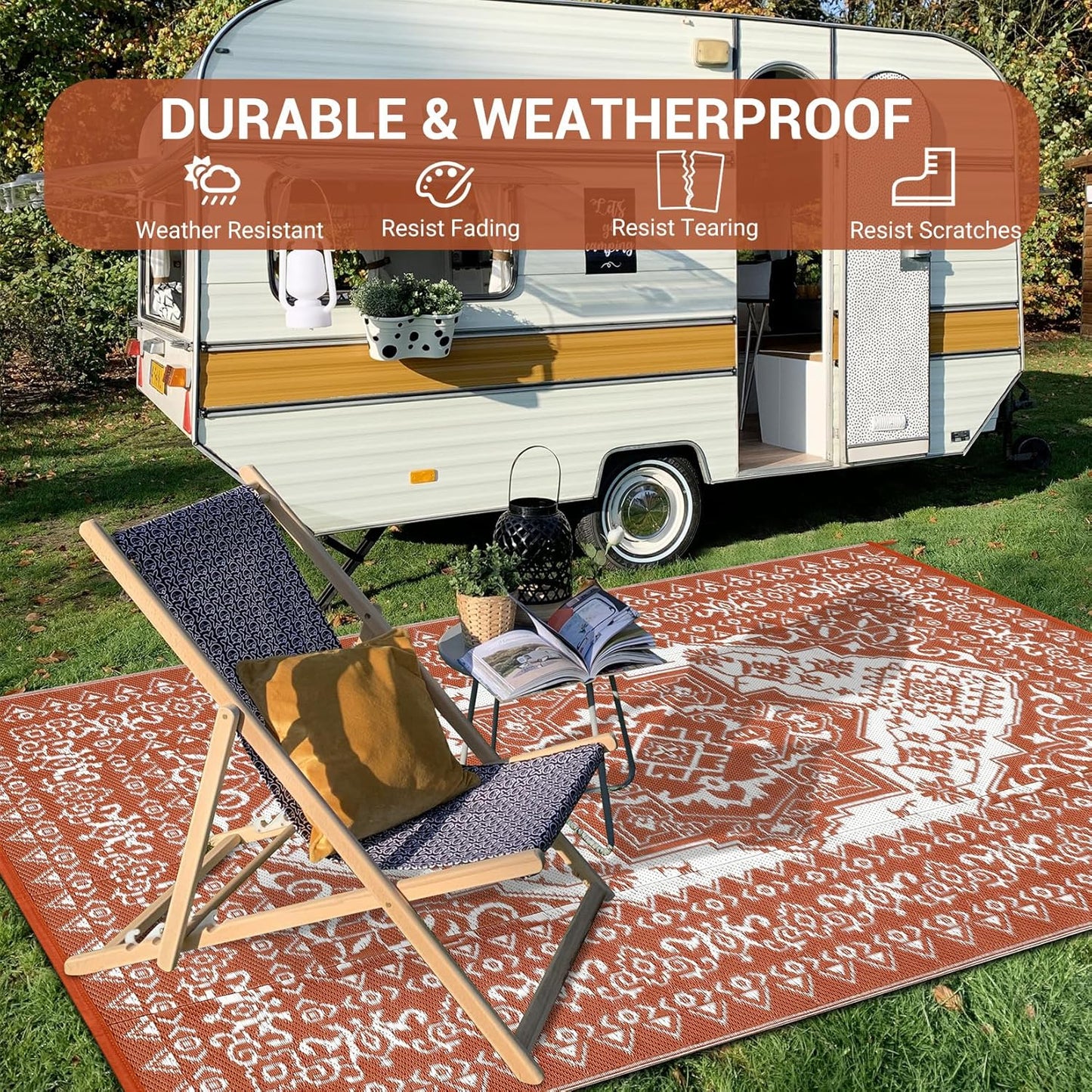 GAOMON Outdoor Rug for Patio 9x18 Waterproof Reversible Plastic Straw Rug, Large UV-Resistant Portable RV Camping Mats, Indoor Outdoor Medallion Carpet for Outside Deck Porch Garden, Red & White