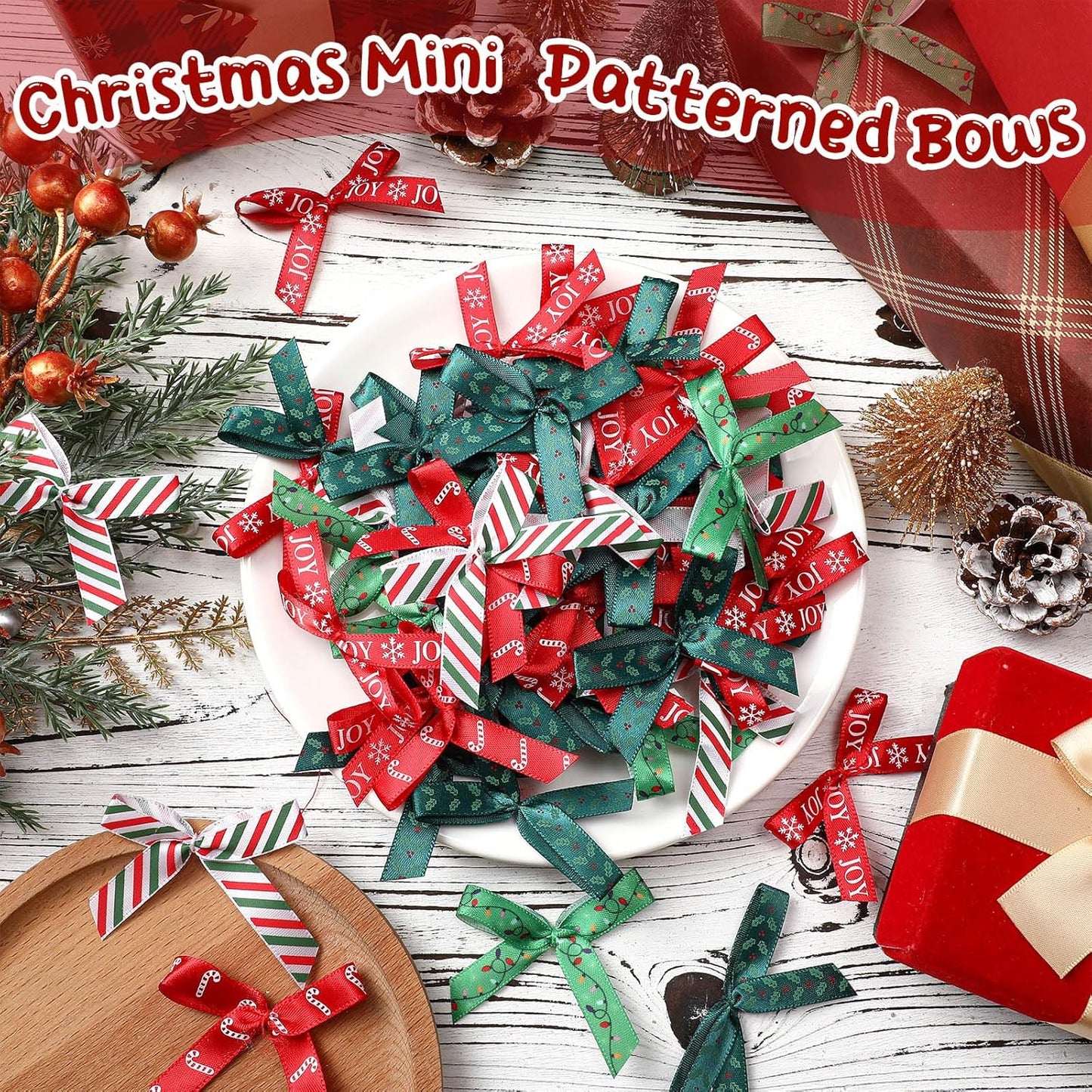 Syhood 150 Pcs Christmas Mini Bow Tiny Twist Tie Bow Handmade Craft Ribbon for DIY Sewing Party Decor (2 Inch,Classic)