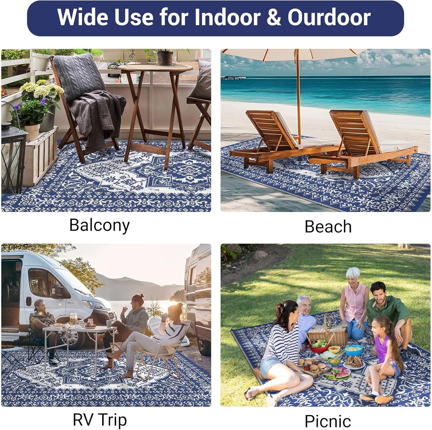 GAOMON Patio Rugs Outdoor 8x10 Waterproof Reversible Plastic Straw Rug, Large UV-Resistant Portable RV Camping Mats, Indoor Outdoor Medallion Carpet for Deck Porch Garden, Dark Blue & White