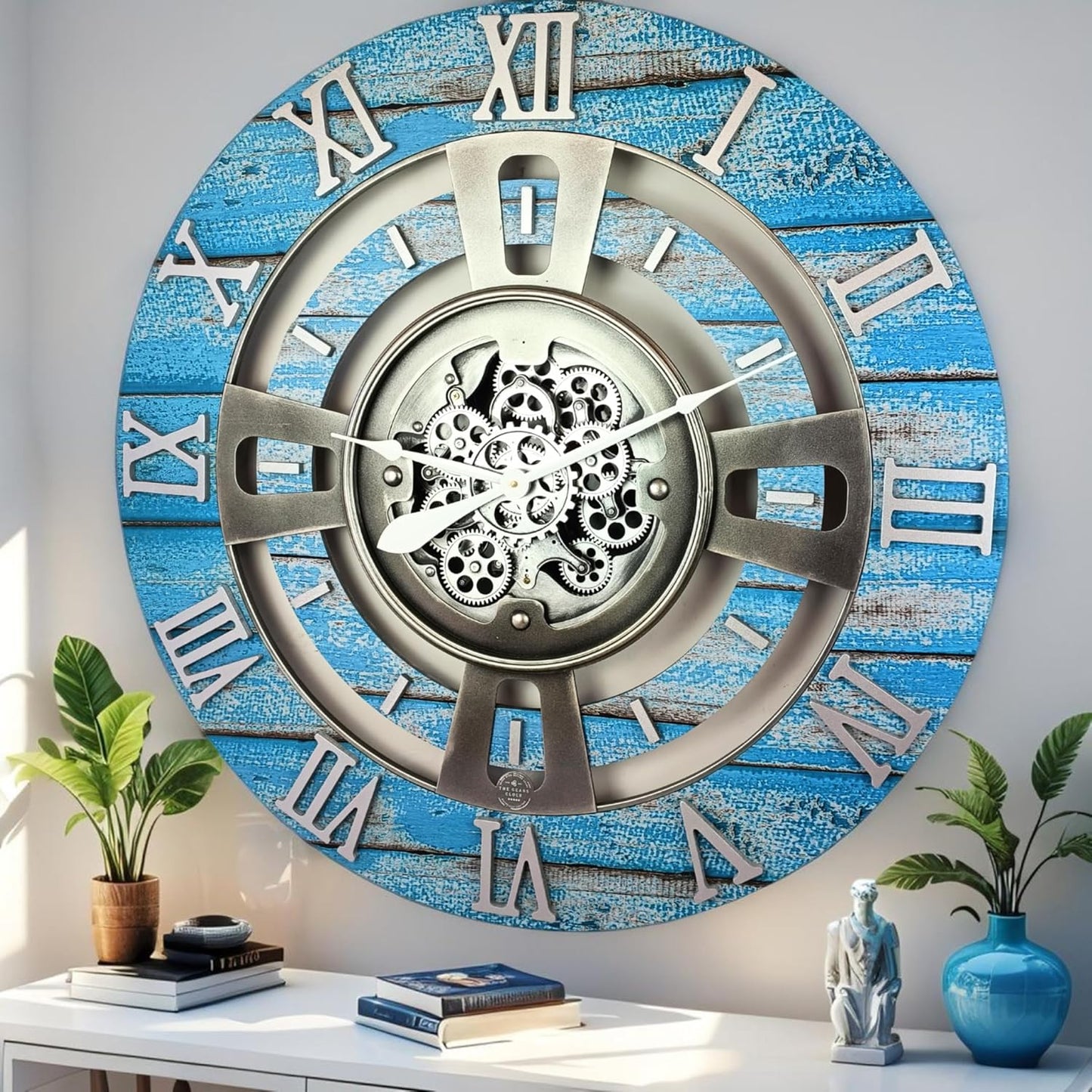 The Gears Clock Real Moving Gear Wall Clock England Line (Ocean Blue, 24 inches (60 cm))