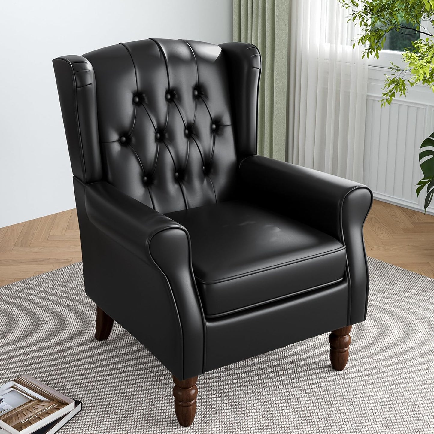High Back Accent Chair,Upholstered Faux Leather Wingback Armchair with Solid Wood Legs for Small Spaces,Comfy Single Sofa Chair for Living Room,Bedroom,Office-Black