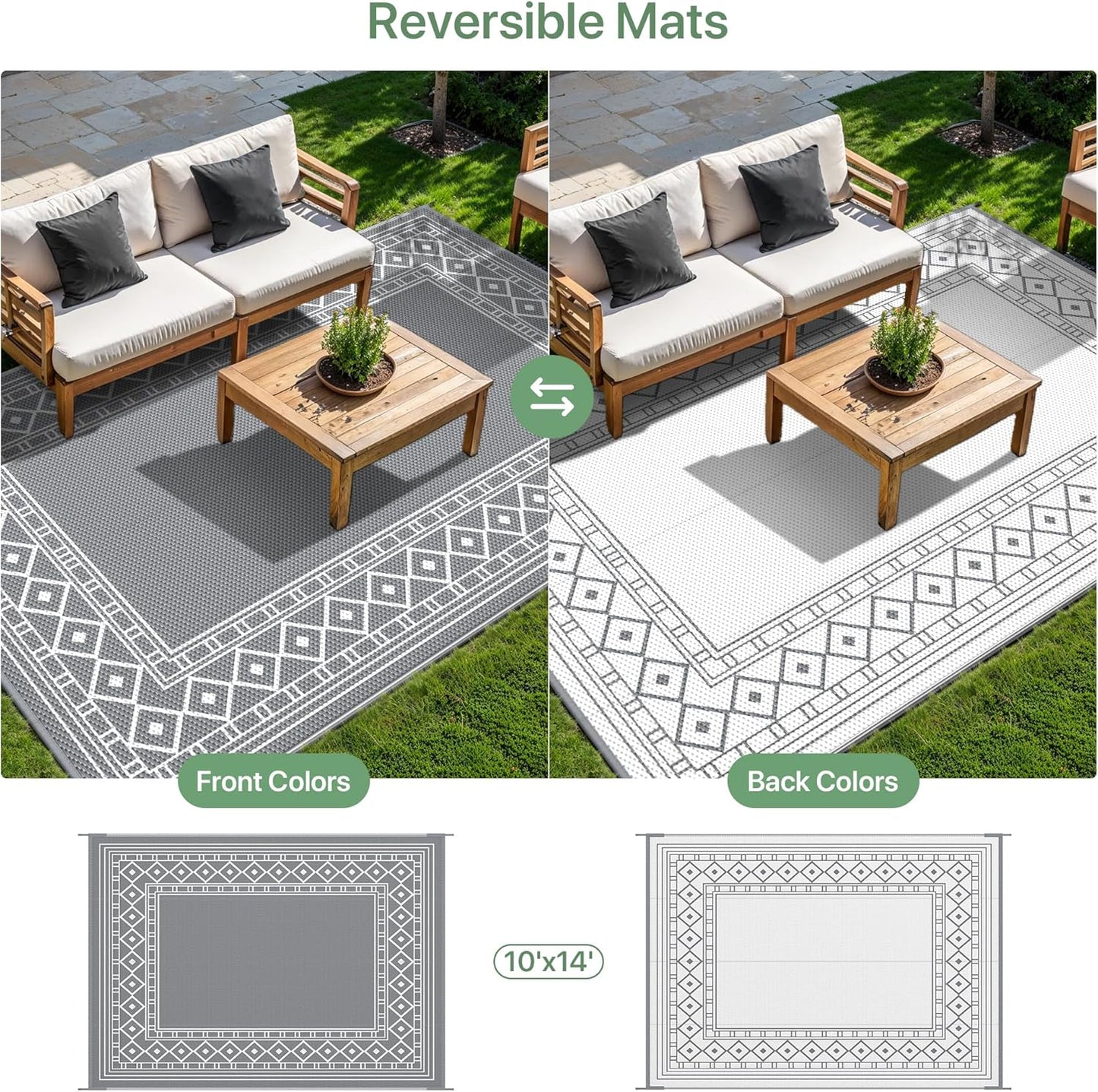 GENIMO Outdoor Rug Waterproof Area 10'x14' for Patio, Foldable Reversible Plastic Straw Carpet for Travel Trailers, Outside Mat for Rv, Deck, Picnic, Porch, Camper, Balcony, Beach, Grey & White