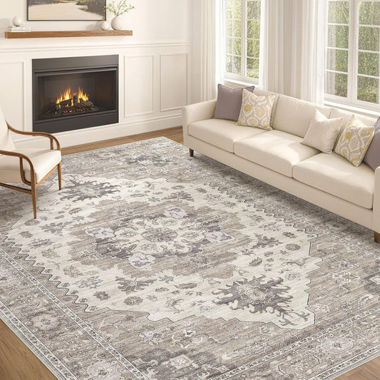 Washable Area Rugs for Living Room - 10x14 Neutral Vintage Distressed Floral Farmhouse Boho Large Soft Floor Rug Indoor Non Slip Carpet for Living Room Bedroom Dining Room Office-Brown/Beige