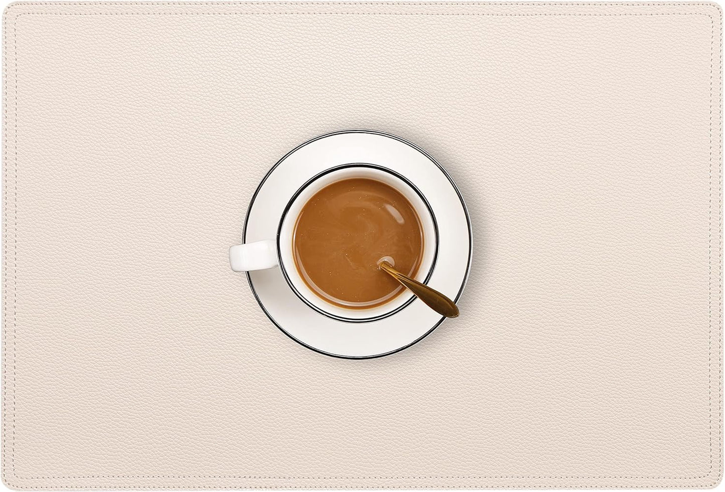 Set of 6 Faux Leather Placemats, PU Table Mats, Waterproof, Stain Resistant, Heat Resistant, Non-Slip Easy to Clean for Kitchen Dining Table,Conference Table, Beige