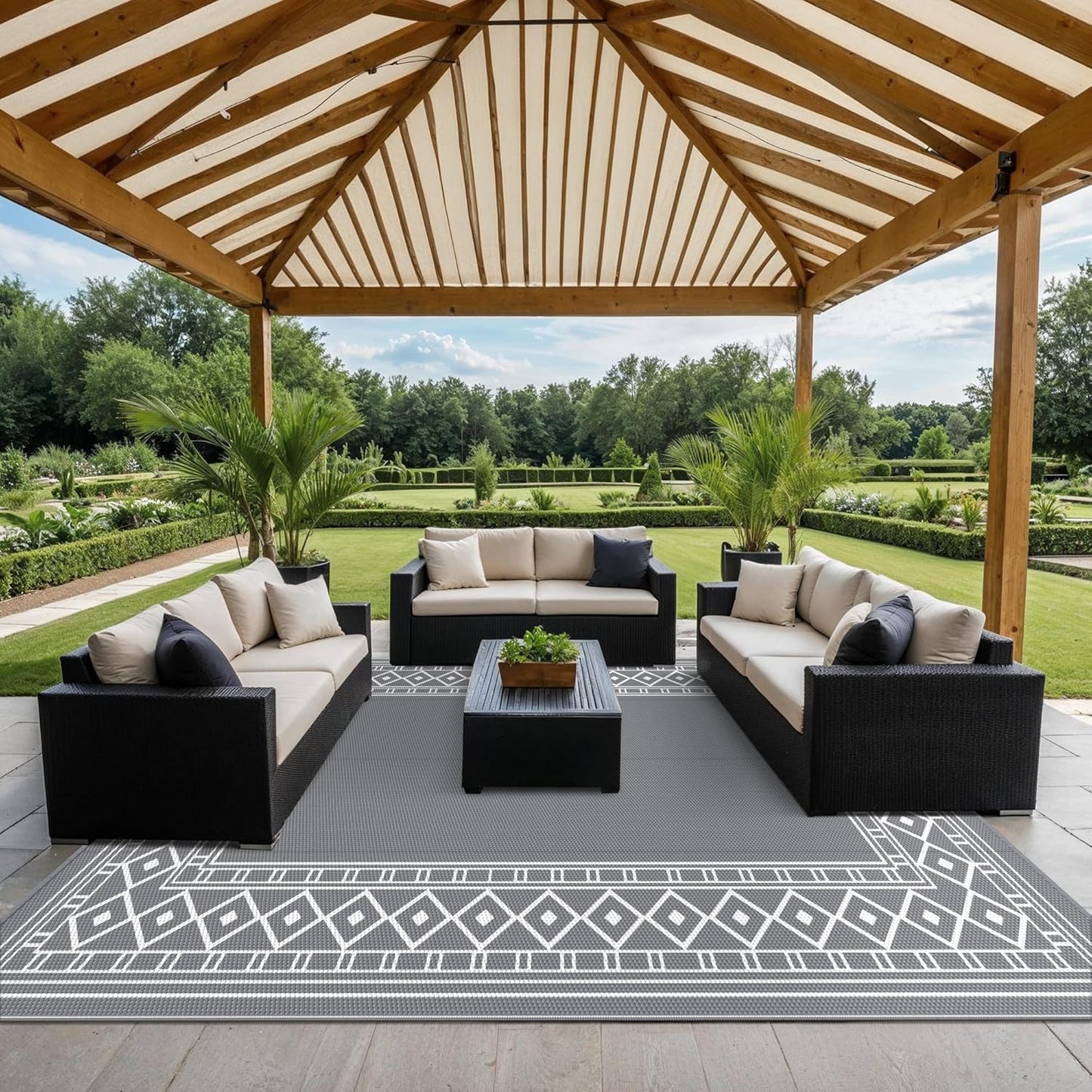 GENIMO Outdoor Rug Waterproof Area 10'x14' for Patio, Foldable Reversible Plastic Straw Carpet for Travel Trailers, Outside Mat for Rv, Deck, Picnic, Porch, Camper, Balcony, Beach, Grey & White