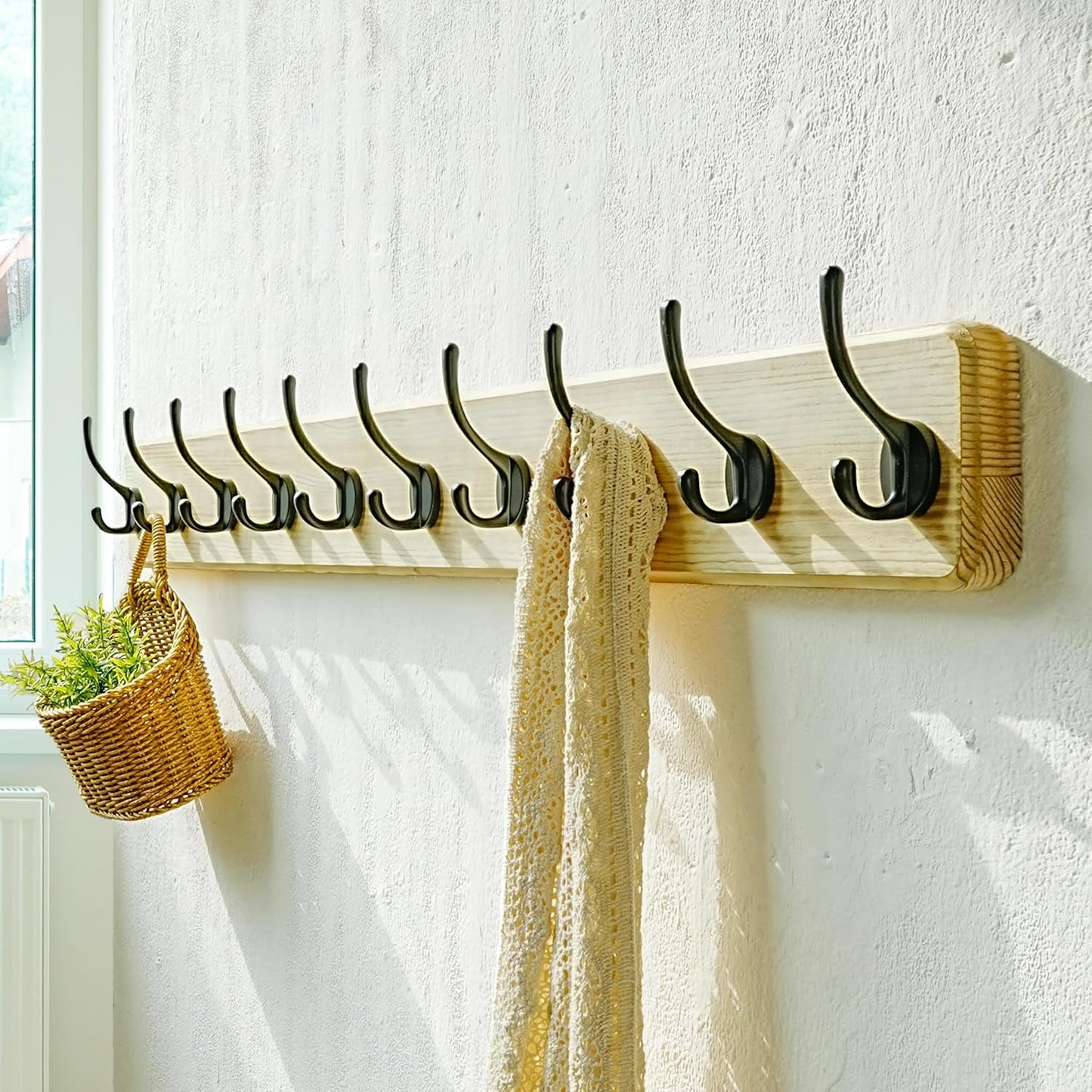 Dseap Coat Rack Wall: 38-1/4" Long, Patented, Heavy-Duty, 10-Double-Hooks Wooden Wall Mounted Coat Rack Coat Hanger Hook Rail for Winter Coats Hat Jacket Clothing, Light Brown, Pack of 2