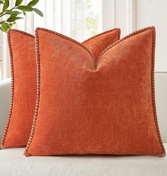decorUhome Fall Chenille Soft Throw Pillow Covers 18x18 Set of 2, Farmhouse Velvet Neutral Decorative Euro Pillow Covers with Stitched Edge for Couch Sofa Bed Home Decor, Rust