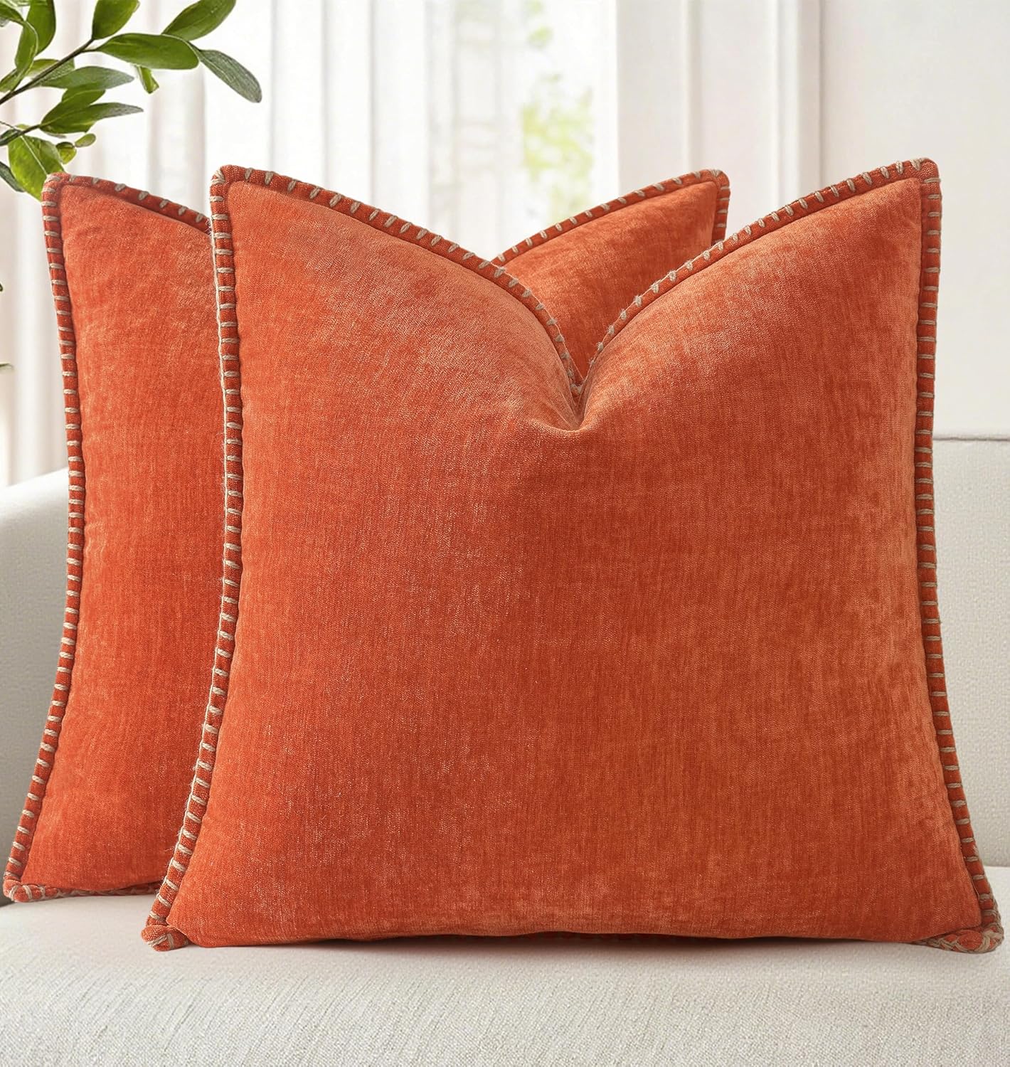 decorUhome Fall Chenille Soft Throw Pillow Covers 20x20 Set of 2, Farmhouse Velvet Neutral Decorative Euro Pillow Covers with Stitched Edge for Couch Sofa Bed Home Decor, Rust