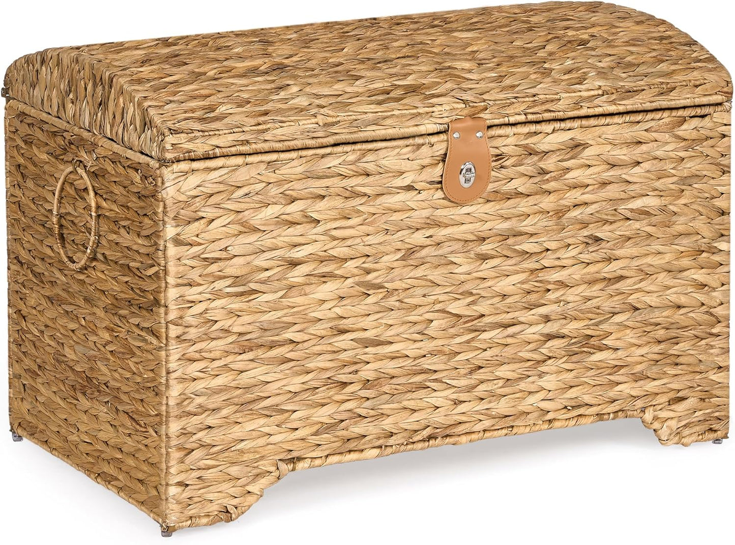 Handwoven Storage Basket with Lid, 178L Wicker Storage Bin, Natural Water Hyacinth, Leather Buckle & Metal Frame, Metal Ring Handles for Easy Transport, Storage Chest & Trunk for Bedroom, Living Room