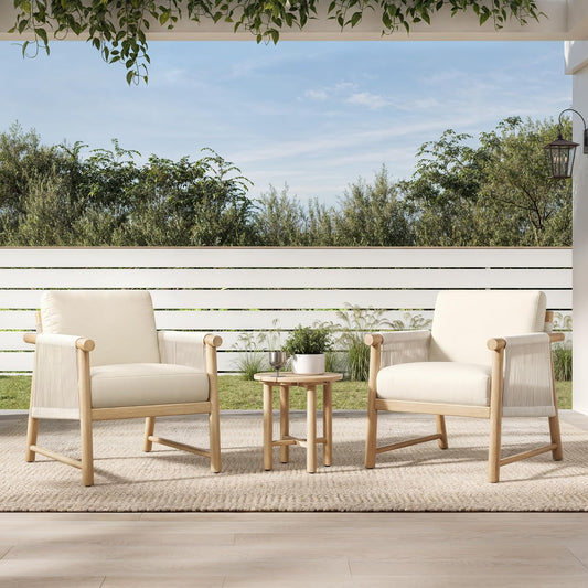 CHITA 3 Pieces Boho Patio Rattan Bistro Set, Outdoor Wicker Chairs & Side Table Set with Acacia Wood Frame(Cream)