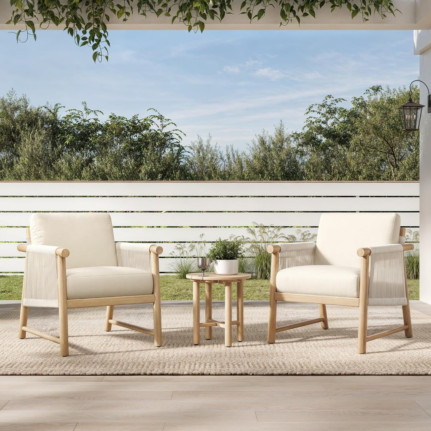 CHITA Boho Patio Rattan Chair Set of 2, Outdoor Wicker Chair with 7.1″ Thickened Cushions Acacia Wood Frame(Cream)