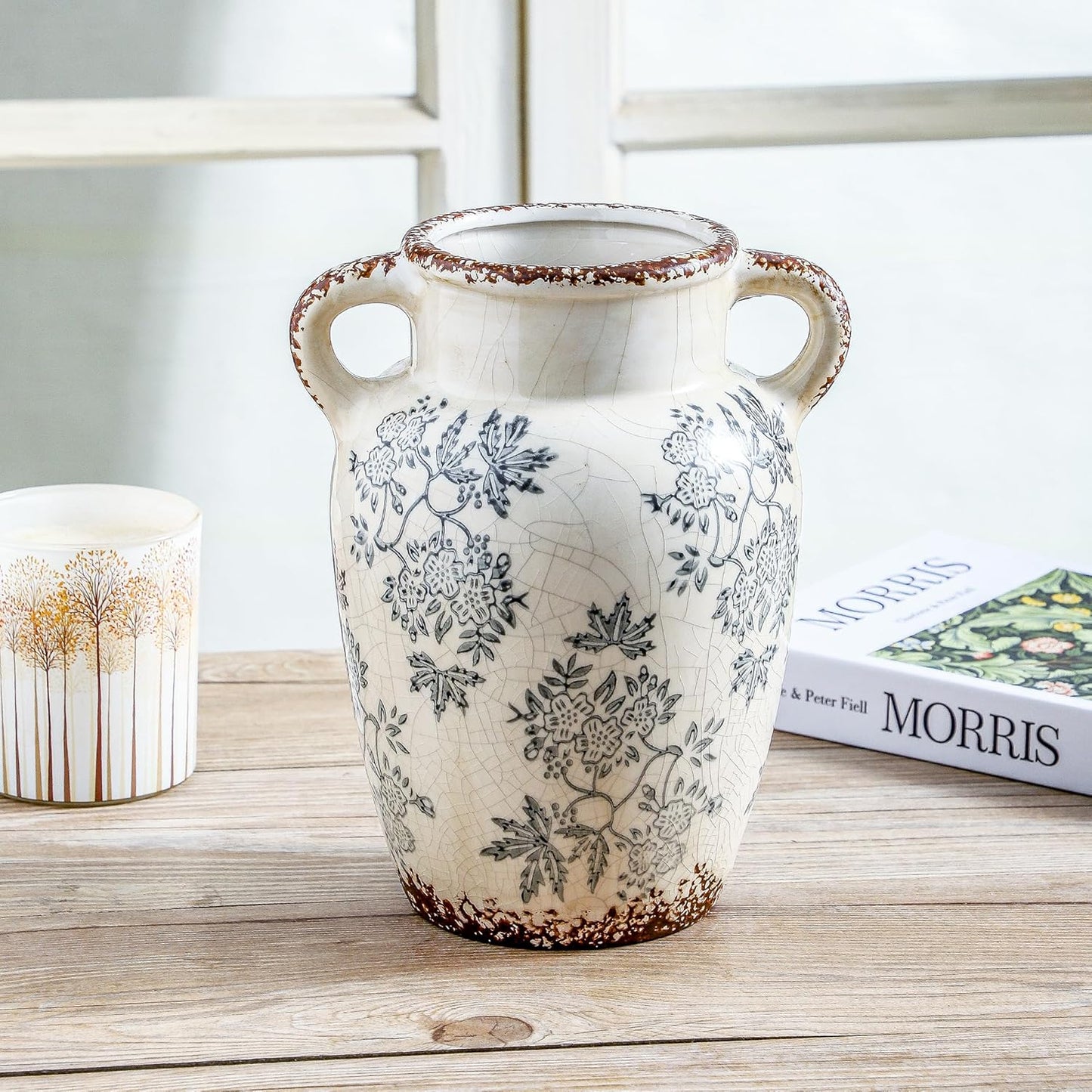 Enra Vintage vase with Handle,9.4 inch Blue and White Ceramic Decorative Flower vase, Chinoiserie Floral Vase,Large Rustic Vases for Home Decors, Living Room, Bookshelf, Office