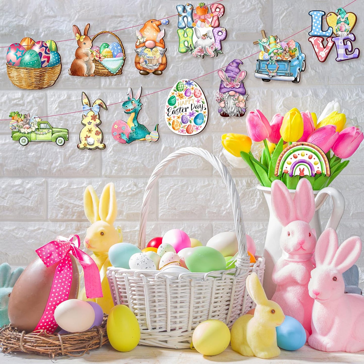 24 Wooden Hanging Ornaments, Hanging Decor for Tree, Happy Easter Egg Gnome Bunny Wooden Craft Spring Party Supplies Home Decor