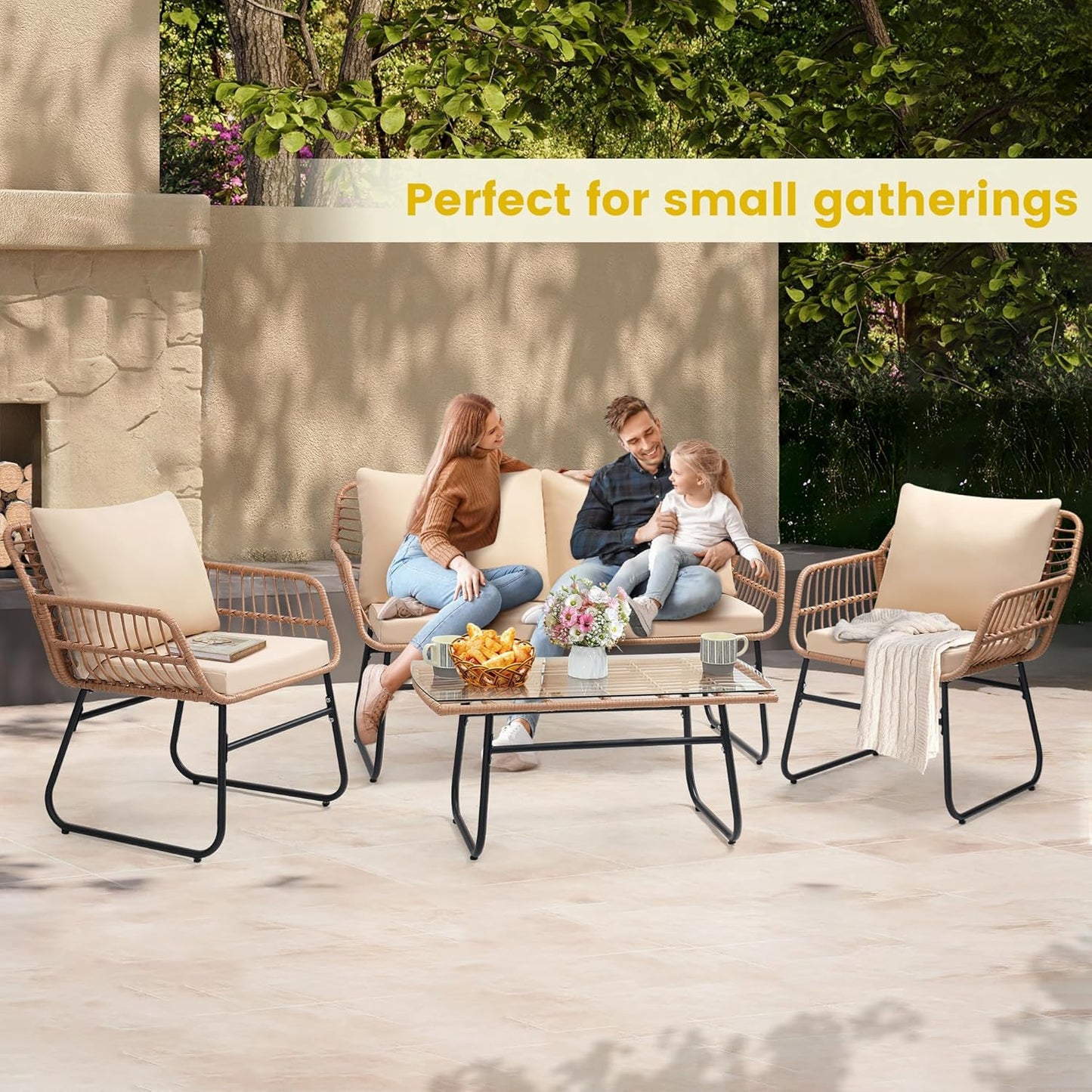 Kromax 4 Piece Patio Bistro Outdoor Furniture Set, Wicker Sofa, 2 Rattan Chairs, and Table, Backyard Conversation Set, All Weather Cushions, Natural Rattan Beige Cushion