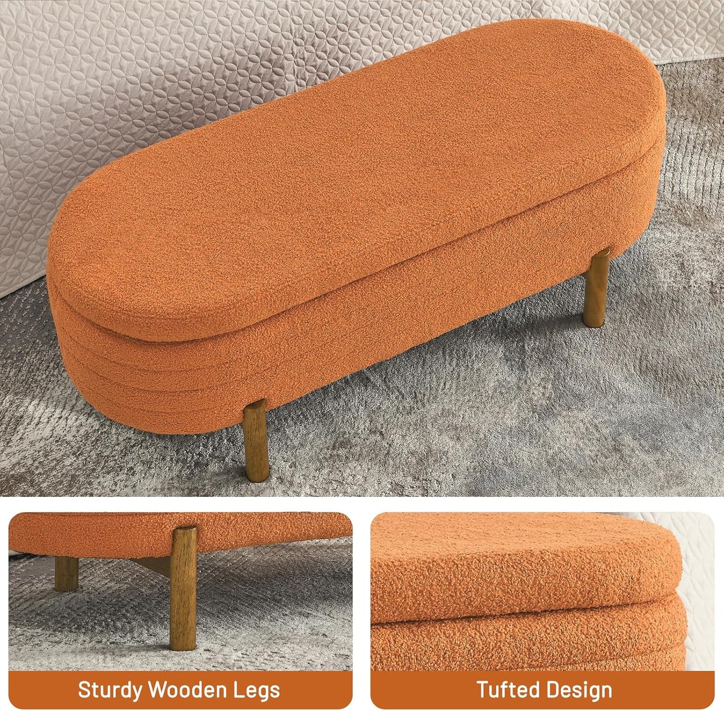 Furniliving 46” Storage Benches, End of Bed Bench with Button-Tufted Large Upholstered Storage Ottoman Teddy Window Bench with Storage Shoe Cabinet Bench, for Bedroom, Entryway, Closet, Orange
